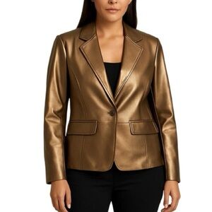 Tribal Women Gold Leather Jacket sz 10 Pockets Single Button Preppy Notch Collar